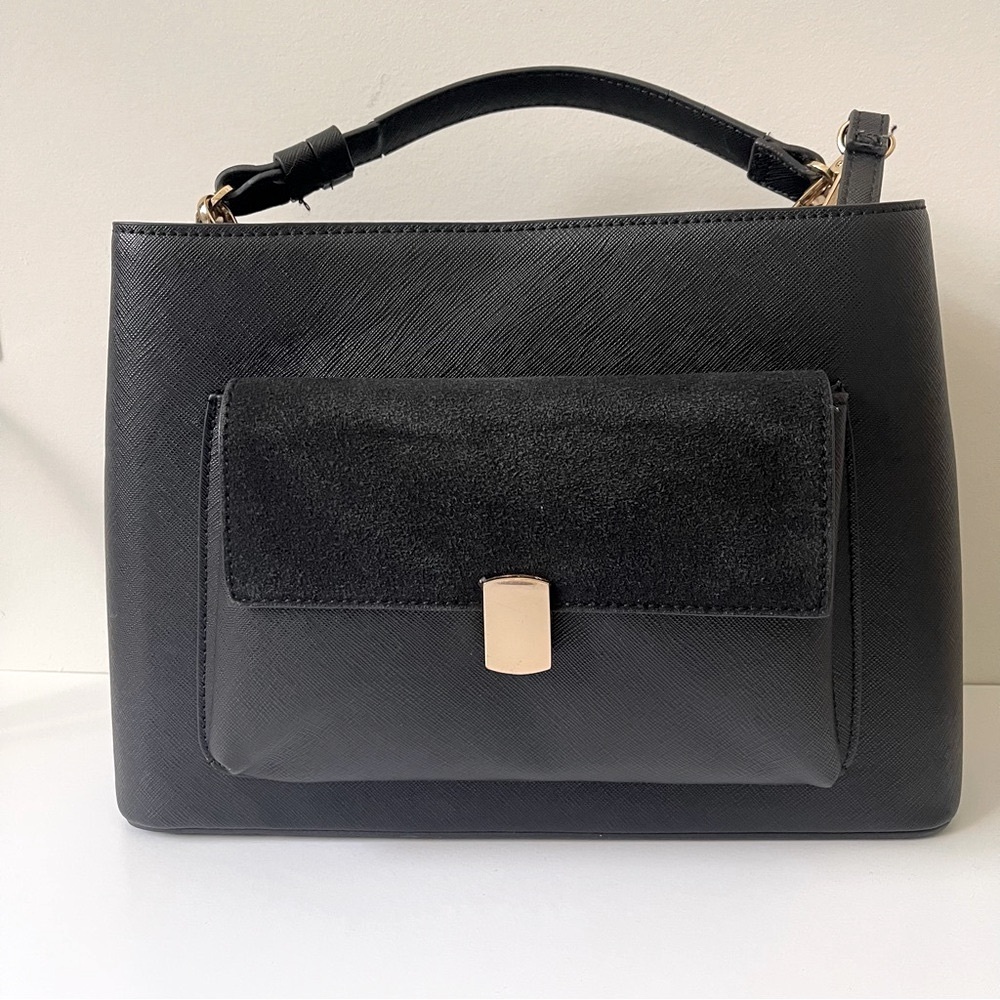 Zara Black Top-Handle Satchel with Front Suede Pocket